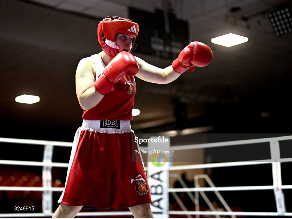 19 September 2025; Madina Bagirova of Smithfield BC Dublin in action against Ruth Dossen Olympic BC Galway during their 60kg bout at the 2025 IABA National U17 Championship Finals at the National Boxing Stadium in Dublin. Photo by Piaras Ó Mídheach/Sportsfile