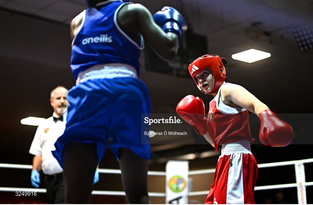 19 September 2025; Madina Bagirova of Smithfield BC Dublin in action against Ruth Dossen Olympic BC Galway during their 60kg bout at the 2025 IABA National U17 Championship Finals at the National Boxing Stadium in Dublin. Photo by Piaras Ó Mídheach/Sportsfile