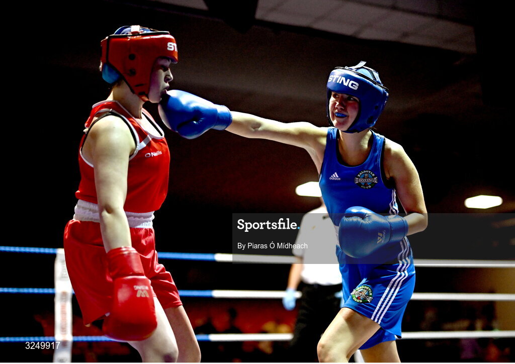19 September 2025; Layla Kelly of Baldoyle BC Dublin, right, in action against Ella Archbold of Ballybrack BC Dublin during their 57kg bout at the 2025 IABA National U17 Championship Finals at the National Boxing Stadium in Dublin. Photo by Piaras Ó Mídheach/Sportsfile