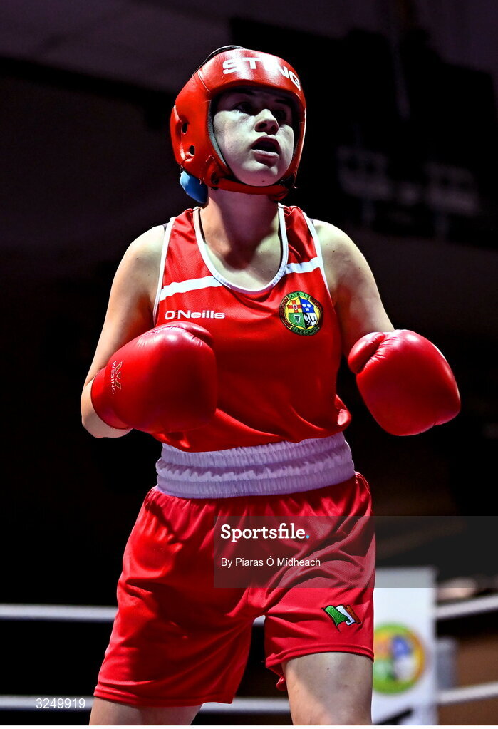 19 September 2025; Ella Archbold of Ballybrack BC Dublin in action against Layla Kelly of Baldoyle BC Dublin during their 57kg bout at the 2025 IABA National U17 Championship Finals at the National Boxing Stadium in Dublin. Photo by Piaras Ó Mídheach/Sportsfile