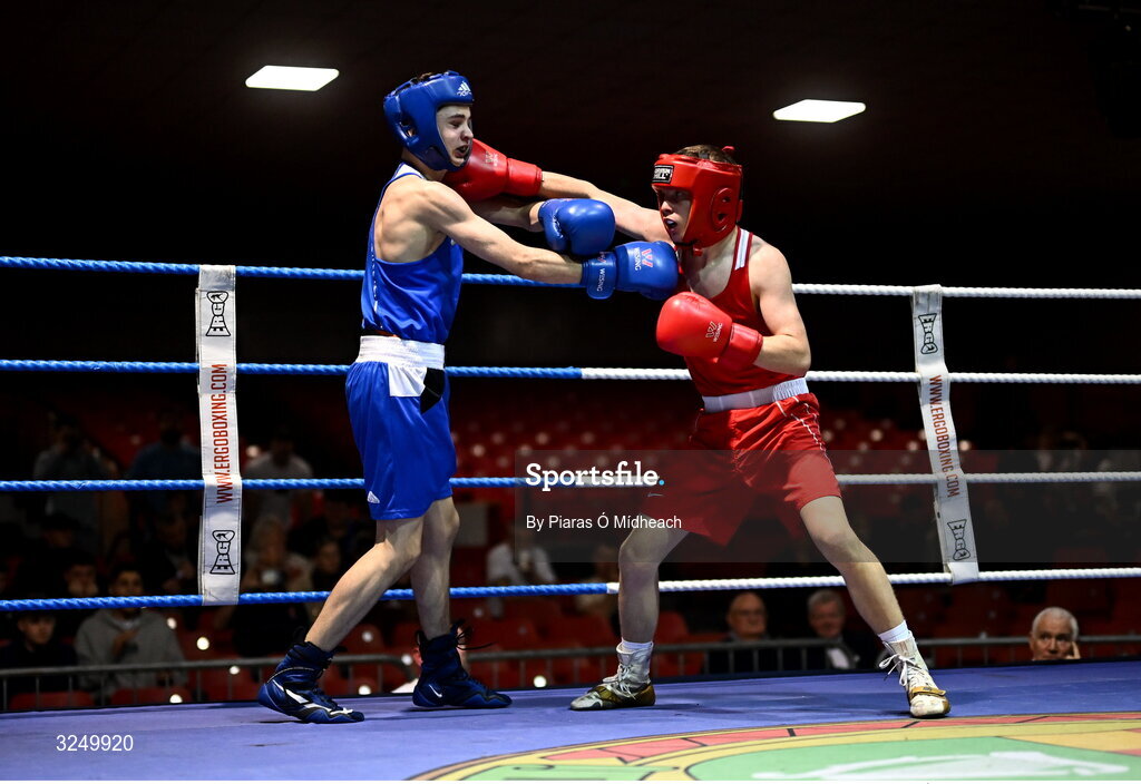 19 September 2025; Conan McSorley of Two Castles ABC Tyrone, right, in action against Michael McDonagh of Avona BC Dublin during their 54kg bout at the 2025 IABA National U17 Championship Finals at the National Boxing Stadium in Dublin. Photo by Piaras Ó Mídheach/Sportsfile