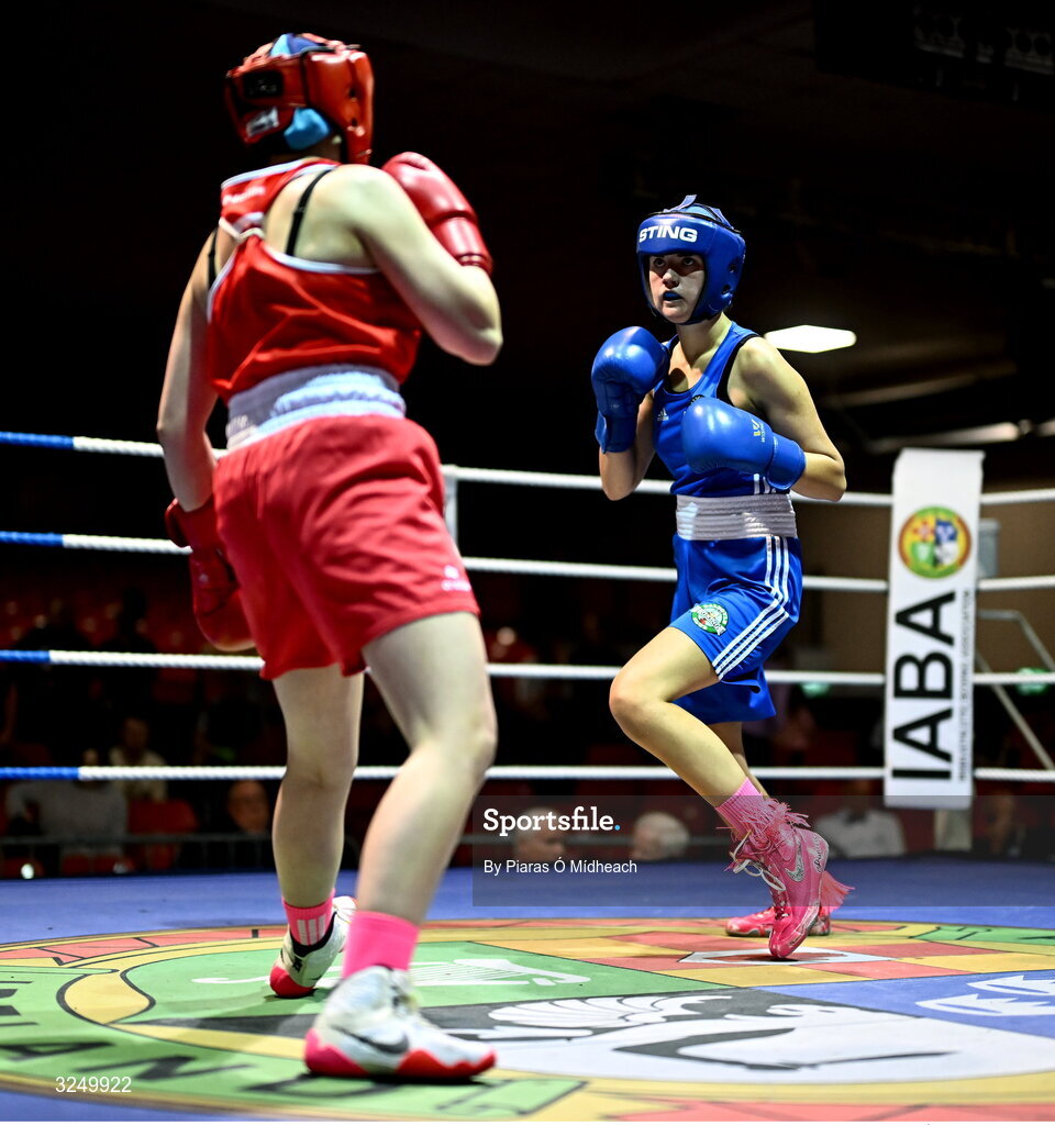 19 September 2025; Layla Kelly of Baldoyle BC Dublin, right, in action against Ella Archbold of Ballybrack BC Dublin during their 57kg bout at the 2025 IABA National U17 Championship Finals at the National Boxing Stadium in Dublin. Photo by Piaras Ó Mídheach/Sportsfile