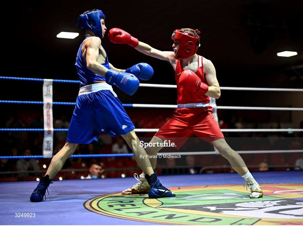 19 September 2025; Conan McSorley of Two Castles ABC Tyrone, right, in action against Michael McDonagh of Avona BC Dublin during their 54kg bout at the 2025 IABA National U17 Championship Finals at the National Boxing Stadium in Dublin. Photo by Piaras Ó Mídheach/Sportsfile