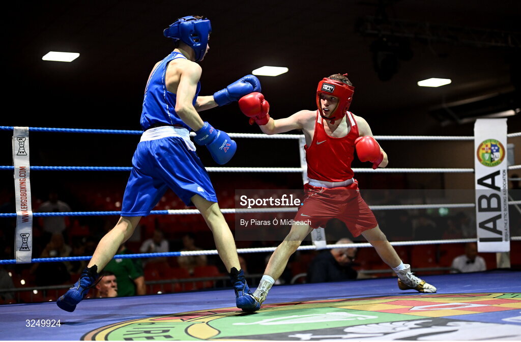 19 September 2025; Conan McSorley of Two Castles ABC Tyrone, right, in action against Michael McDonagh of Avona BC Dublin during their 54kg bout at the 2025 IABA National U17 Championship Finals at the National Boxing Stadium in Dublin. Photo by Piaras Ó Mídheach/Sportsfile