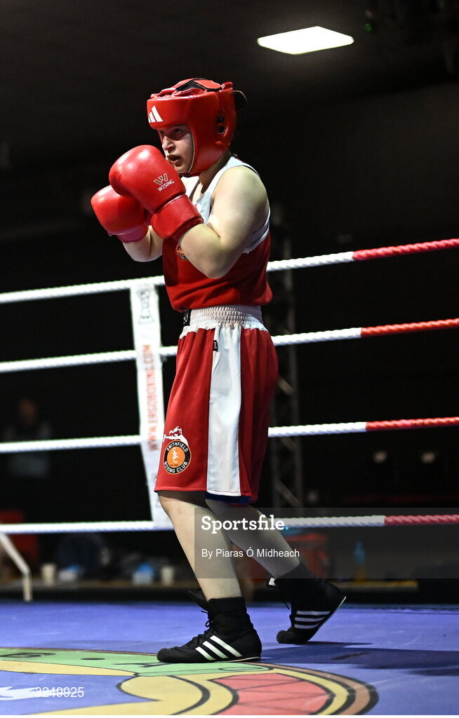 19 September 2025; Madina Bagirova of Smithfield BC Dublin in action against Ruth Dossen Olympic BC Galway during their 60kg bout at the 2025 IABA National U17 Championship Finals at the National Boxing Stadium in Dublin. Photo by Piaras Ó Mídheach/Sportsfile