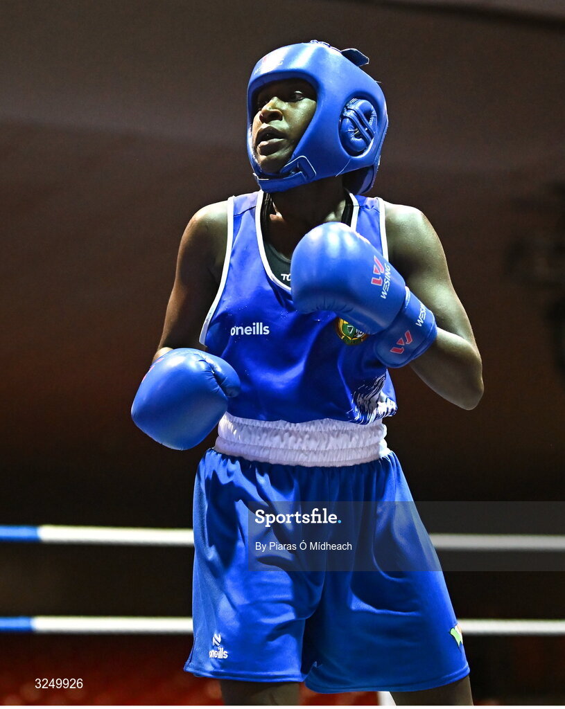 19 September 2025; Ruth Dossen Olympic BC Galway in action against Madina Bagirova of Smithfield BC Dublin during their 60kg bout at the 2025 IABA National U17 Championship Finals at the National Boxing Stadium in Dublin. Photo by Piaras Ó Mídheach/Sportsfile