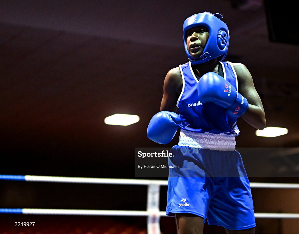 19 September 2025; Ruth Dossen Olympic BC Galway in action against Madina Bagirova of Smithfield BC Dublin during their 60kg bout at the 2025 IABA National U17 Championship Finals at the National Boxing Stadium in Dublin. Photo by Piaras Ó Mídheach/Sportsfile
