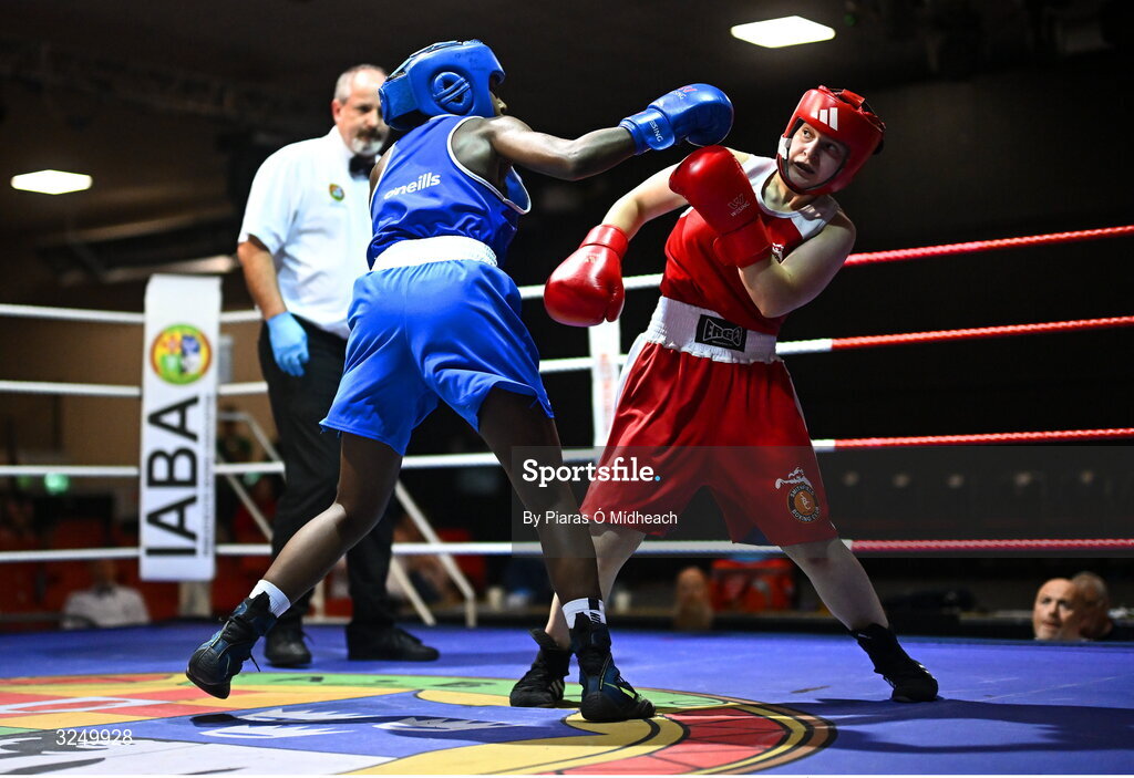 19 September 2025; Madina Bagirova of Smithfield BC Dublin, right, in action against Ruth Dossen Olympic BC Galway during their 60kg bout at the 2025 IABA National U17 Championship Finals at the National Boxing Stadium in Dublin. Photo by Piaras Ó Mídheach/Sportsfile
