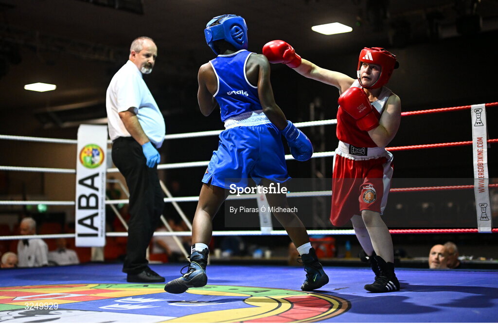 19 September 2025; Madina Bagirova of Smithfield BC Dublin, right, in action against Ruth Dossen Olympic BC Galway during their 60kg bout at the 2025 IABA National U17 Championship Finals at the National Boxing Stadium in Dublin. Photo by Piaras Ó Mídheach/Sportsfile