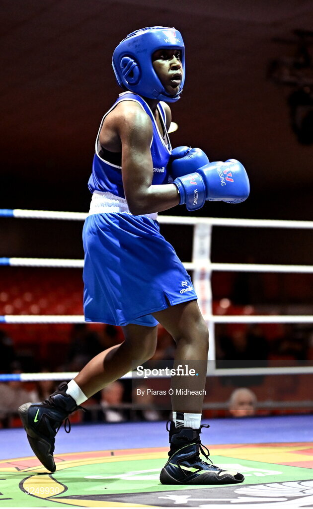 19 September 2025; Ruth Dossen Olympic BC Galway in action against Madina Bagirova of Smithfield BC Dublin during their 60kg bout at the 2025 IABA National U17 Championship Finals at the National Boxing Stadium in Dublin. Photo by Piaras Ó Mídheach/Sportsfile