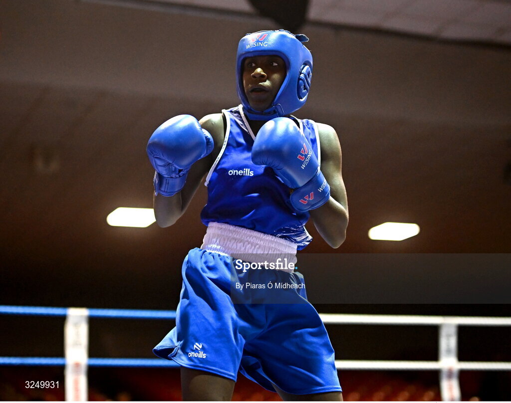 19 September 2025; Ruth Dossen Olympic BC Galway in action against Madina Bagirova of Smithfield BC Dublin during their 60kg bout at the 2025 IABA National U17 Championship Finals at the National Boxing Stadium in Dublin. Photo by Piaras Ó Mídheach/Sportsfile