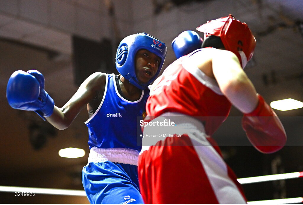 19 September 2025; Ruth Dossen Olympic BC Galway, left, in action against Madina Bagirova of Smithfield BC Dublin during their 60kg bout at the 2025 IABA National U17 Championship Finals at the National Boxing Stadium in Dublin. Photo by Piaras Ó Mídheach/Sportsfile