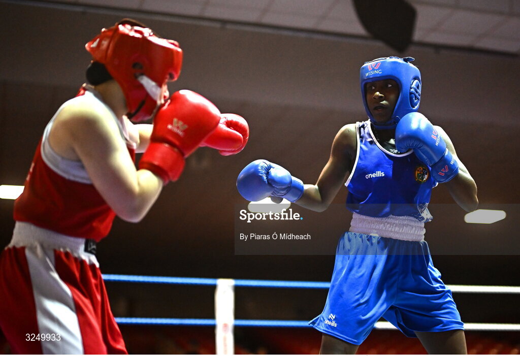 19 September 2025; Ruth Dossen Olympic BC Galway, right, in action against Madina Bagirova of Smithfield BC Dublin during their 60kg bout at the 2025 IABA National U17 Championship Finals at the National Boxing Stadium in Dublin. Photo by Piaras Ó Mídheach/Sportsfile