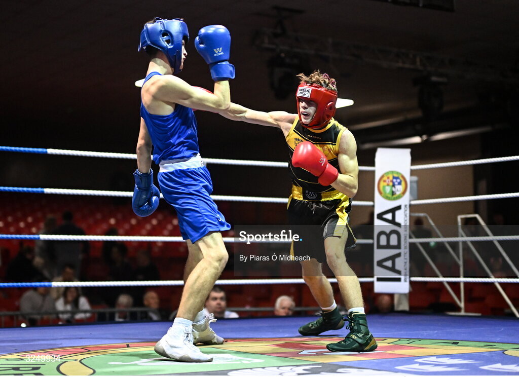 19 September 2025; CJ Gillen of Phoenix ABC Antrim, right, in action against Jason Donoghue of Olympic BC Mullingar Westmeath during their 60kg bout at the 2025 IABA National U17 Championship Finals at the National Boxing Stadium in Dublin. Photo by Piaras Ó Mídheach/Sportsfile