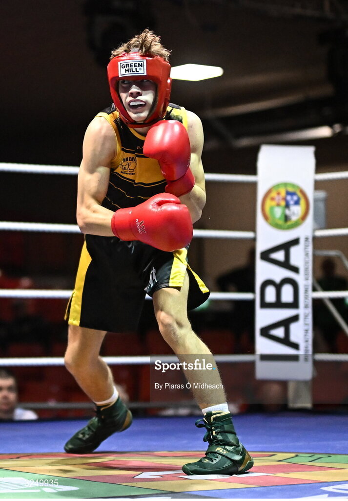 19 September 2025; CJ Gillen of Phoenix ABC Antrim in action against Jason Donoghue of Olympic BC Mullingar Westmeath during their 60kg bout at the 2025 IABA National U17 Championship Finals at the National Boxing Stadium in Dublin. Photo by Piaras Ó Mídheach/Sportsfile