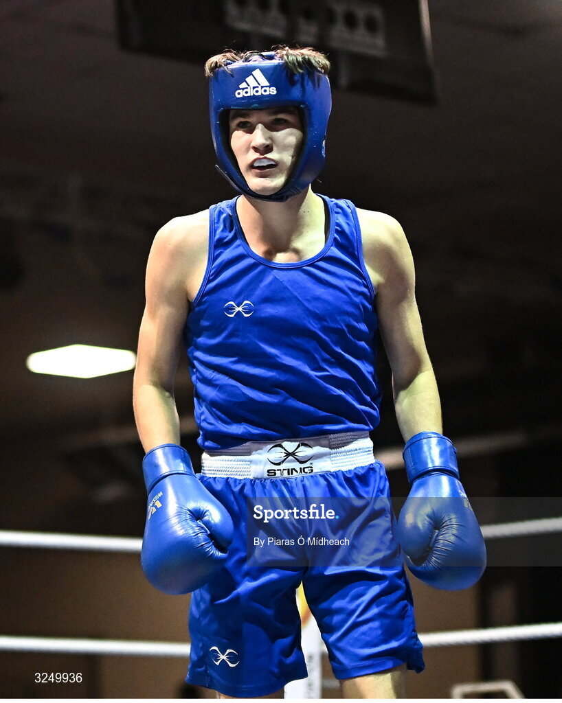 19 September 2025; Jason Donoghue of Olympic BC Mullingar Westmeath in action against CJ Gillen of Phoenix ABC Antrim during their 60kg bout at the 2025 IABA National U17 Championship Finals at the National Boxing Stadium in Dublin. Photo by Piaras Ó Mídheach/Sportsfile