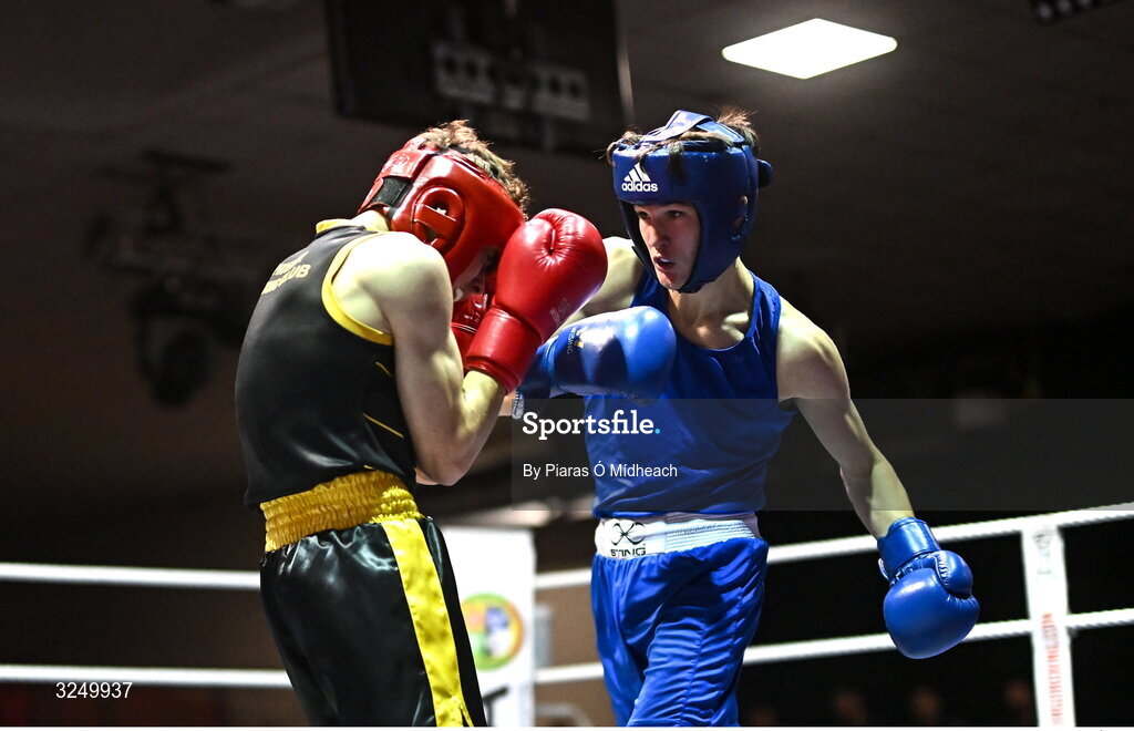 19 September 2025; Jason Donoghue of Olympic BC Mullingar, right, Westmeath in action against CJ Gillen of Phoenix ABC Antrim during their 60kg bout at the  2025 IABA National U17 Championship Finals at the National Boxing Stadium in Dublin. Photo by Piaras Ó Mídheach/Sportsfile