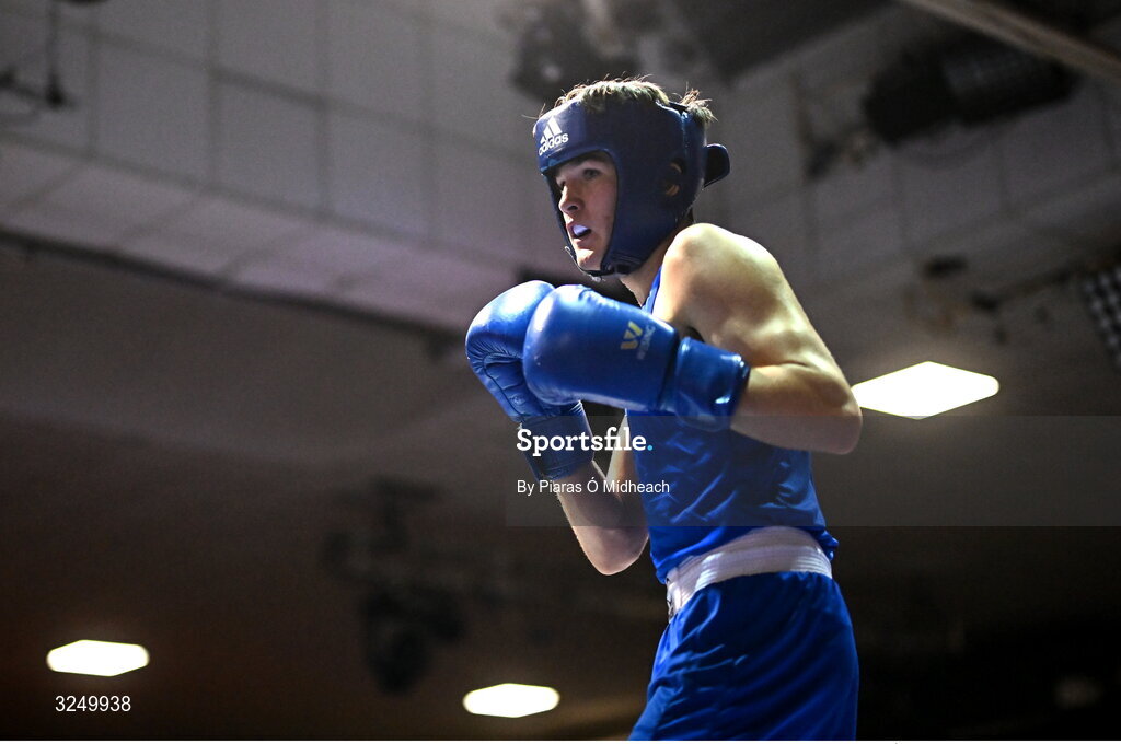 19 September 2025; Jason Donoghue of Olympic BC Mullingar Westmeath in action against CJ Gillen of Phoenix ABC Antrim during their 60kg bout at the 2025 IABA National U17 Championship Finals at the National Boxing Stadium in Dublin. Photo by Piaras Ó Mídheach/Sportsfile