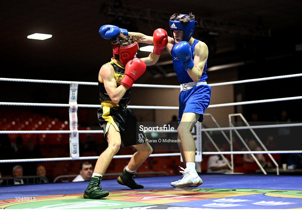 19 September 2025; Jason Donoghue of Olympic BC Mullingar Westmeath, right, in action against CJ Gillen of Phoenix ABC Antrim during their 60kg bout at the 2025 IABA National U17 Championship Finals at the National Boxing Stadium in Dublin. Photo by Piaras Ó Mídheach/Sportsfile