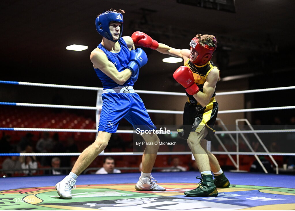 19 September 2025; CJ Gillen of Phoenix ABC Antrim, right, in action against Jason Donoghue of Olympic BC Mullingar Westmeath during their 60kg bout at the 2025 IABA National U17 Championship Finals at the National Boxing Stadium in Dublin. Photo by Piaras Ó Mídheach/Sportsfile