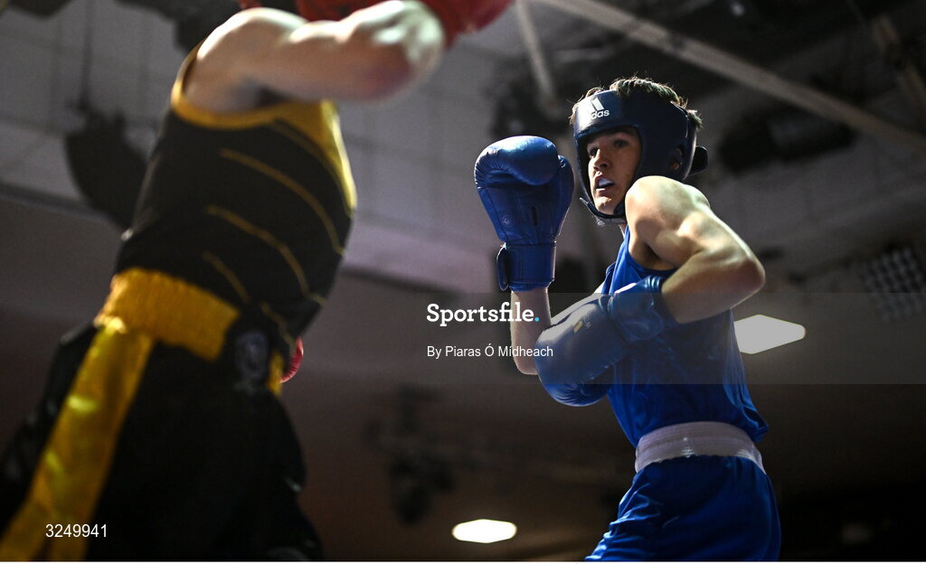 19 September 2025; Jason Donoghue of Olympic BC Mullingar Westmeath in action against CJ Gillen of Phoenix ABC Antrim during their 60kg bout at the 2025 IABA National U17 Championship Finals at the National Boxing Stadium in Dublin. Photo by Piaras Ó Mídheach/Sportsfile