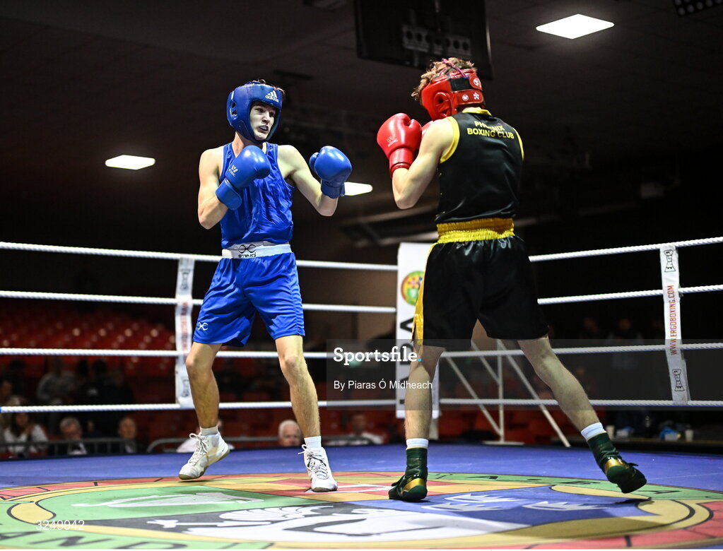 19 September 2025; Jason Donoghue of Olympic BC Mullingar, left, Westmeath in action against CJ Gillen of Phoenix ABC Antrim during their 60kg bout at the  2025 IABA National U17 Championship Finals at the National Boxing Stadium in Dublin. Photo by Piaras Ó Mídheach/Sportsfile