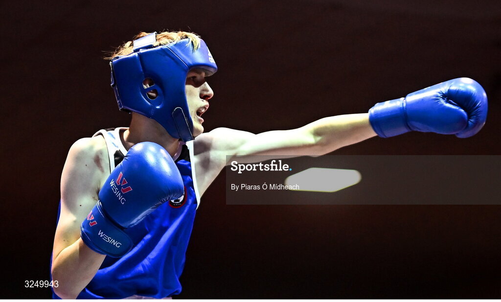 19 September 2025; Ryan Cowzer of Rush BC Dublin in action against Kristian Jubani of Crumlin BC Dublin during their 50kg bout at the 2025 IABA National U17 Championship Finals at the National Boxing Stadium in Dublin. Photo by Piaras Ó Mídheach/Sportsfile