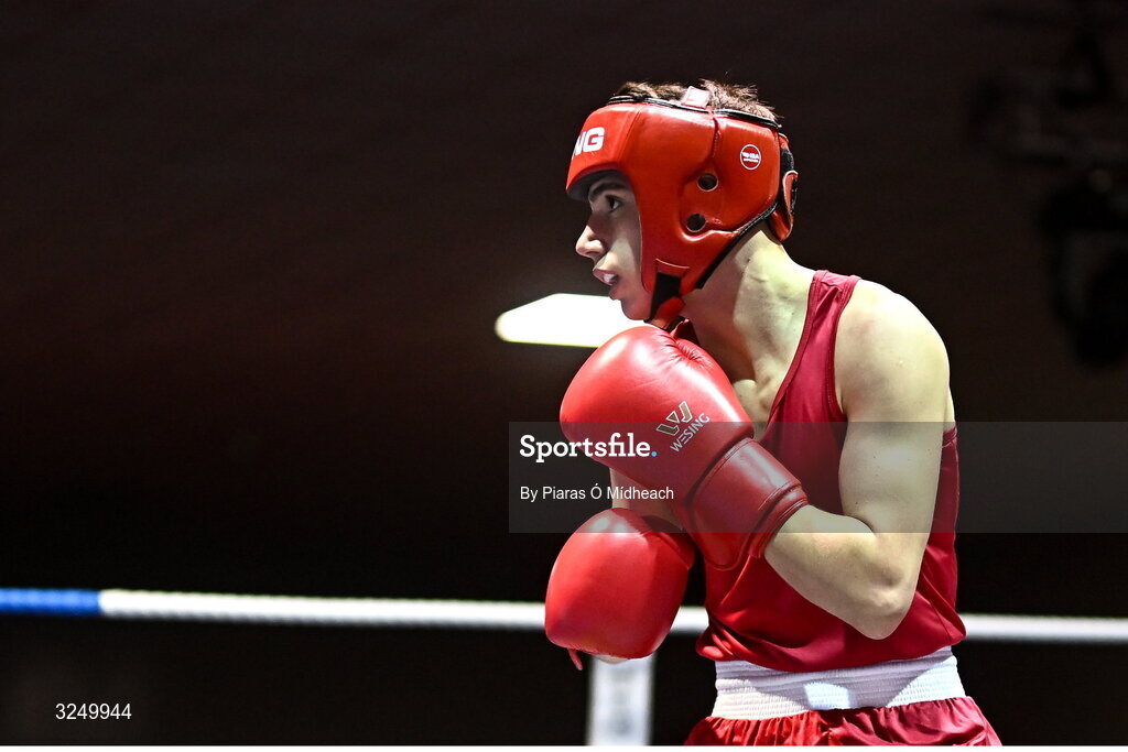 19 September 2025; Kristian Jubani of Crumlin BC Dublin in action against Ryan Cowzer of Rush BC Dublin during their 50kg bout at the 2025 IABA National U17 Championship Finals at the National Boxing Stadium in Dublin. Photo by Piaras Ó Mídheach/Sportsfile