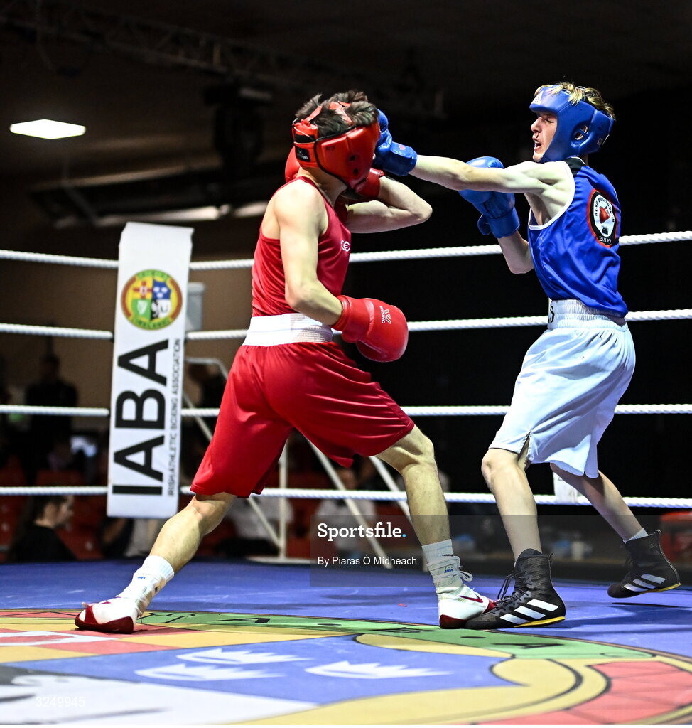 19 September 2025; Ryan Cowzer of Rush BC Dublin, right, in action against Kristian Jubani of Crumlin BC Dublin during their 50kg bout at the 2025 IABA National U17 Championship Finals at the National Boxing Stadium in Dublin. Photo by Piaras Ó Mídheach/Sportsfile