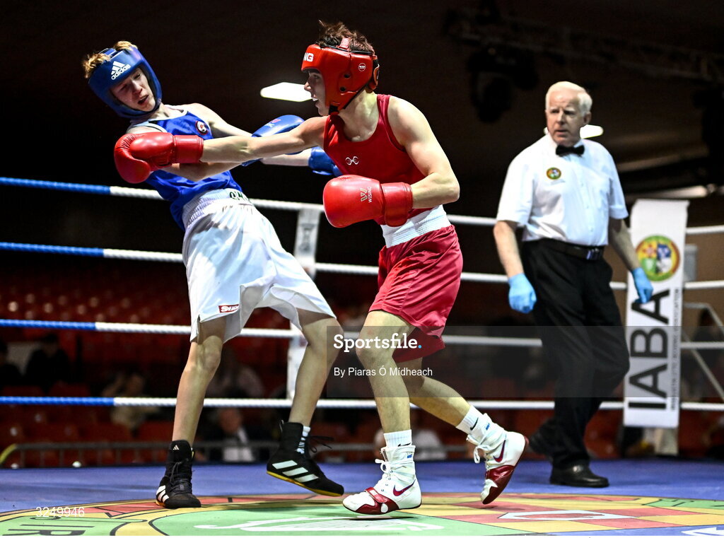 19 September 2025; Kristian Jubani of Crumlin BC Dublin, right, in action against Ryan Cowzer of Rush BC Dublin during their 50kg bout at the 2025 IABA National U17 Championship Finals at the National Boxing Stadium in Dublin. Photo by Piaras Ó Mídheach/Sportsfile