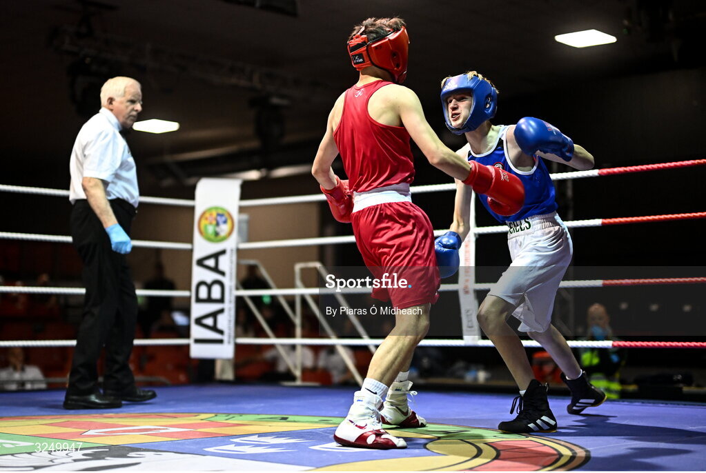 19 September 2025; Ryan Cowzer of Rush BC Dublin, right, in action against Kristian Jubani of Crumlin BC Dublin during their 50kg bout at the 2025 IABA National U17 Championship Finals at the National Boxing Stadium in Dublin. Photo by Piaras Ó Mídheach/Sportsfile