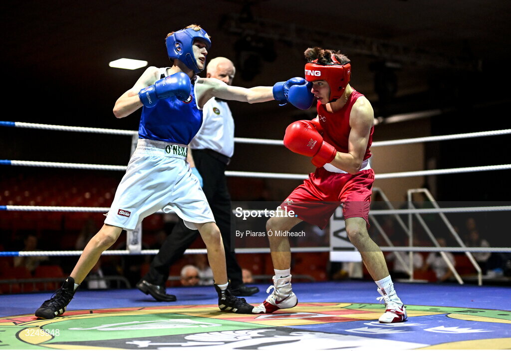 19 September 2025; Ryan Cowzer of Rush BC Dublin, left, in action against Kristian Jubani of Crumlin BC Dublin during their 50kg bout at the 2025 IABA National U17 Championship Finals at the National Boxing Stadium in Dublin. Photo by Piaras Ó Mídheach/Sportsfile
