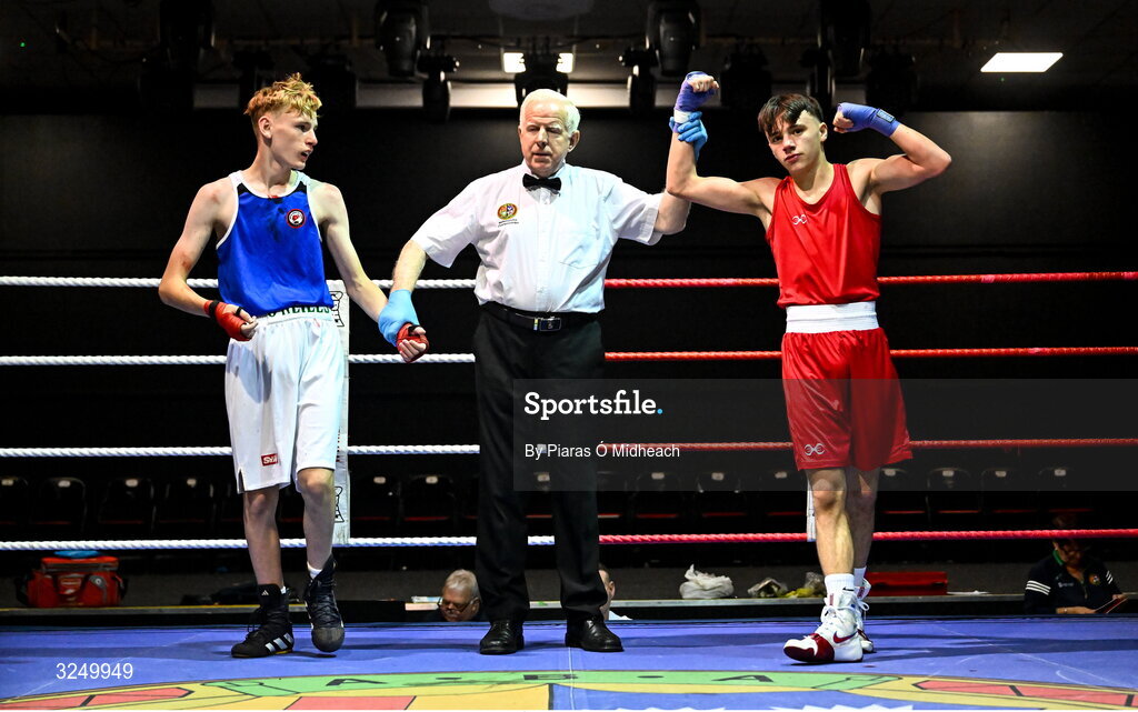 19 September 2025; Kristian Jubani of Crumlin BC Dublin, right, celebrates after defeating Ryan Cowzer of Rush BC Dublin during their 50kg bout at the 2025 IABA National U17 Championship Finals at the National Boxing Stadium in Dublin. Photo by Piaras Ó Mídheach/Sportsfile