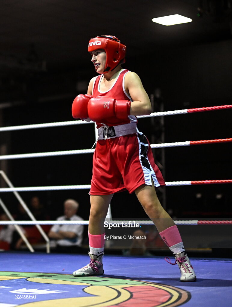 19 September 2025; Tess Ormond of Saviours Crystal BC Waterford in action against Lucie Prentice of Banbridge ABC Antrim during their 50kg bout at the 2025 IABA National U17 Championship Finals at the National Boxing Stadium in Dublin. Photo by Piaras Ó Mídheach/Sportsfile