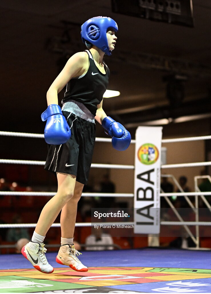 19 September 2025; Aleigha Murphy of Ballybrack BC Dublin in action against Carly O’Herron of Rochfordbridge BC Westmeath during their 52kg bout at the 2025 IABA National U17 Championship Finals at the National Boxing Stadium in Dublin. Photo by Piaras Ó Mídheach/Sportsfile