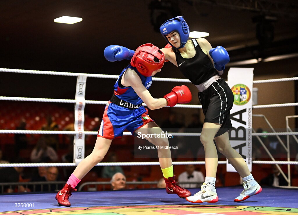 19 September 2025; Aleigha Murphy of Ballybrack BC Dublin, right, in action against Carly O’Herron of Rochfordbridge BC Westmeath during their 52kg bout at the 2025 IABA National U17 Championship Finals at the National Boxing Stadium in Dublin. Photo by Piaras Ó Mídheach/Sportsfile