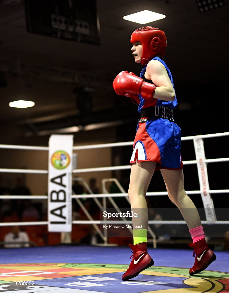 19 September 2025; Carly O’Herron of Rochfordbridge BC Westmeath in action against Aleigha Murphy of Ballybrack BC Dublin during their 52kg bout at the 2025 IABA National U17 Championship Finals at the National Boxing Stadium in Dublin. Photo by Piaras Ó Mídheach/Sportsfile