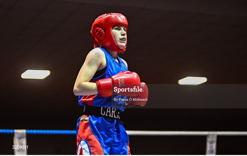 19 September 2025; Carly O’Herron of Rochfordbridge BC Westmeath in action against Aleigha Murphy of Ballybrack BC Dublin during their 52kg bout at the 2025 IABA National U17 Championship Finals at the National Boxing Stadium in Dublin. Photo by Piaras Ó Mídheach/Sportsfile