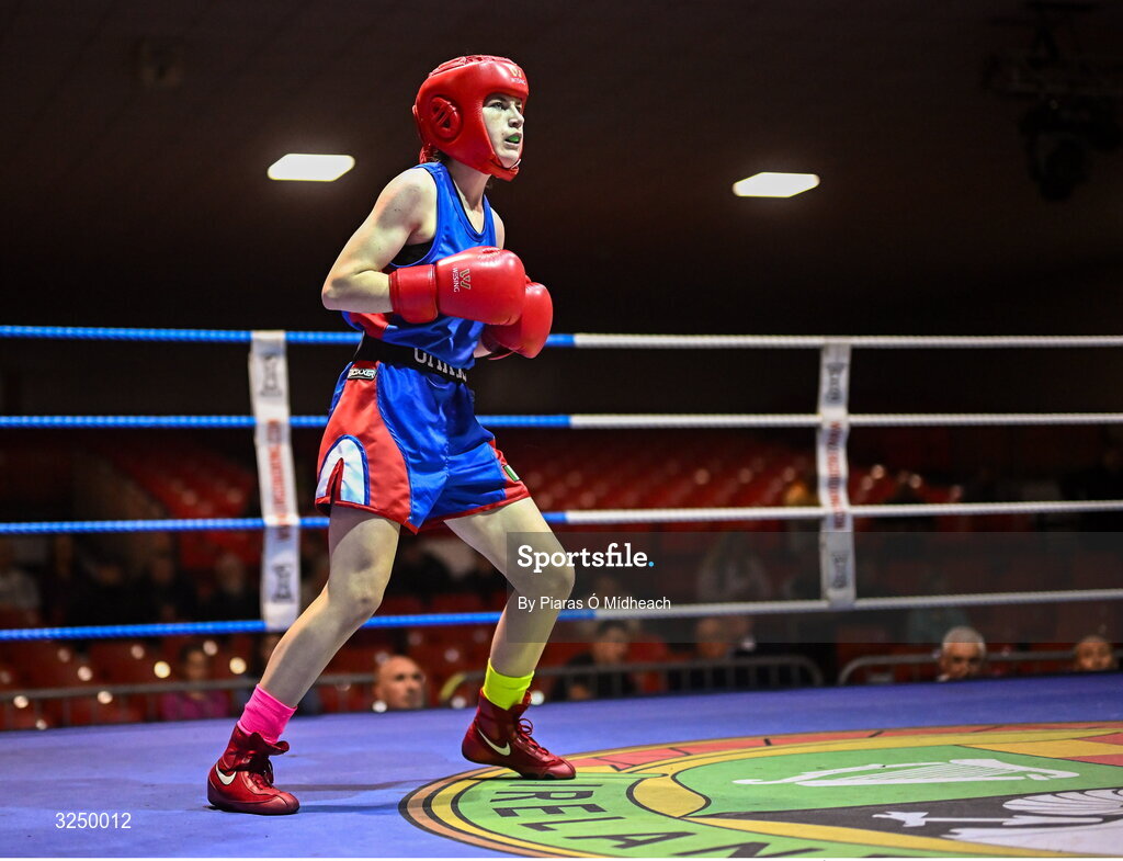 19 September 2025; Carly O’Herron of Rochfordbridge BC Westmeath in action against Aleigha Murphy of Ballybrack BC Dublin during their 52kg bout at the 2025 IABA National U17 Championship Finals at the National Boxing Stadium in Dublin. Photo by Piaras Ó Mídheach/Sportsfile