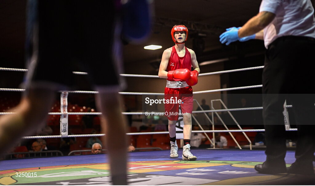 19 September 2025; Sean Kelly of St Abbans/Kilmyshall BC Wexford in action against Alex Pepper of Baldoyle BC Dublin during their 52kg bout at the 2025 IABA National U17 Championship Finals at the National Boxing Stadium in Dublin. Photo by Piaras Ó Mídheach/Sportsfile