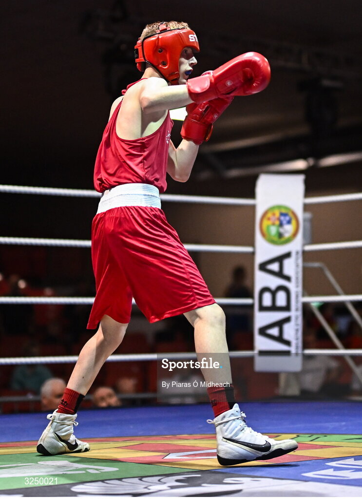 19 September 2025; Sean Kelly of St Abbans/Kilmyshall BC Wexford in action against Alex Pepper of Baldoyle BC Dublin during their 52kg bout at the 2025 IABA National U17 Championship Finals at the National Boxing Stadium in Dublin. Photo by Piaras Ó Mídheach/Sportsfile