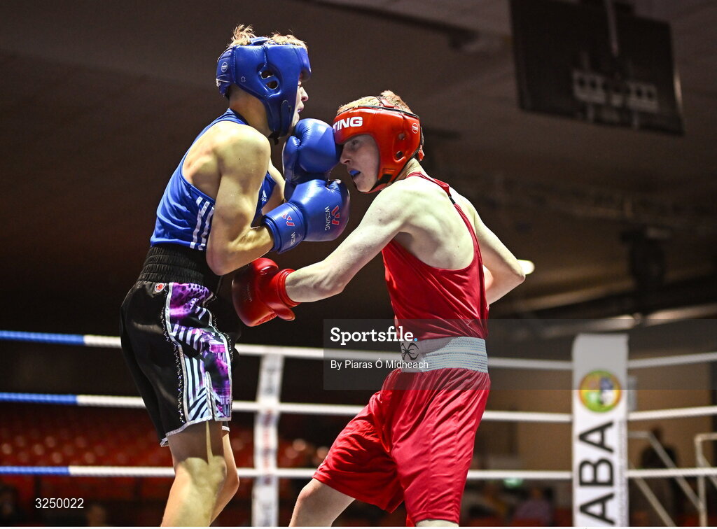 19 September 2025; Sean Kelly of St Abbans/Kilmyshall BC Wexford, right, in action against Alex Pepper of Baldoyle BC Dublin during their 52kg bout at the 2025 IABA National U17 Championship Finals at the National Boxing Stadium in Dublin. Photo by Piaras Ó Mídheach/Sportsfile