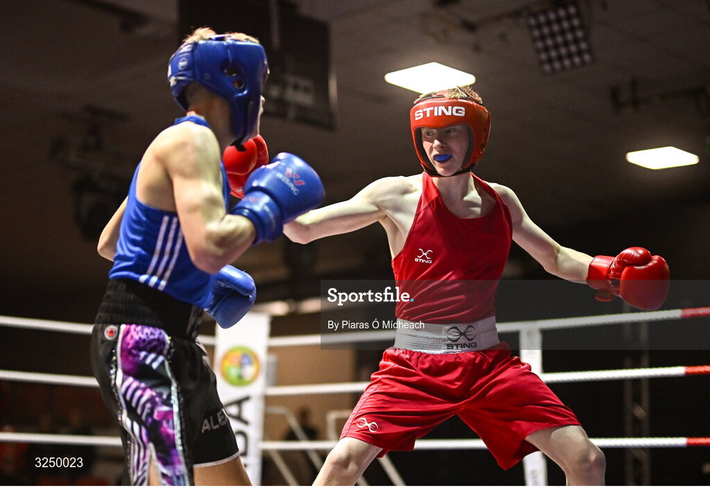 19 September 2025; Sean Kelly of St Abbans/Kilmyshall BC Wexford, right, in action against Alex Pepper of Baldoyle BC Dublin during their 52kg bout at the 2025 IABA National U17 Championship Finals at the National Boxing Stadium in Dublin. Photo by Piaras Ó Mídheach/Sportsfile