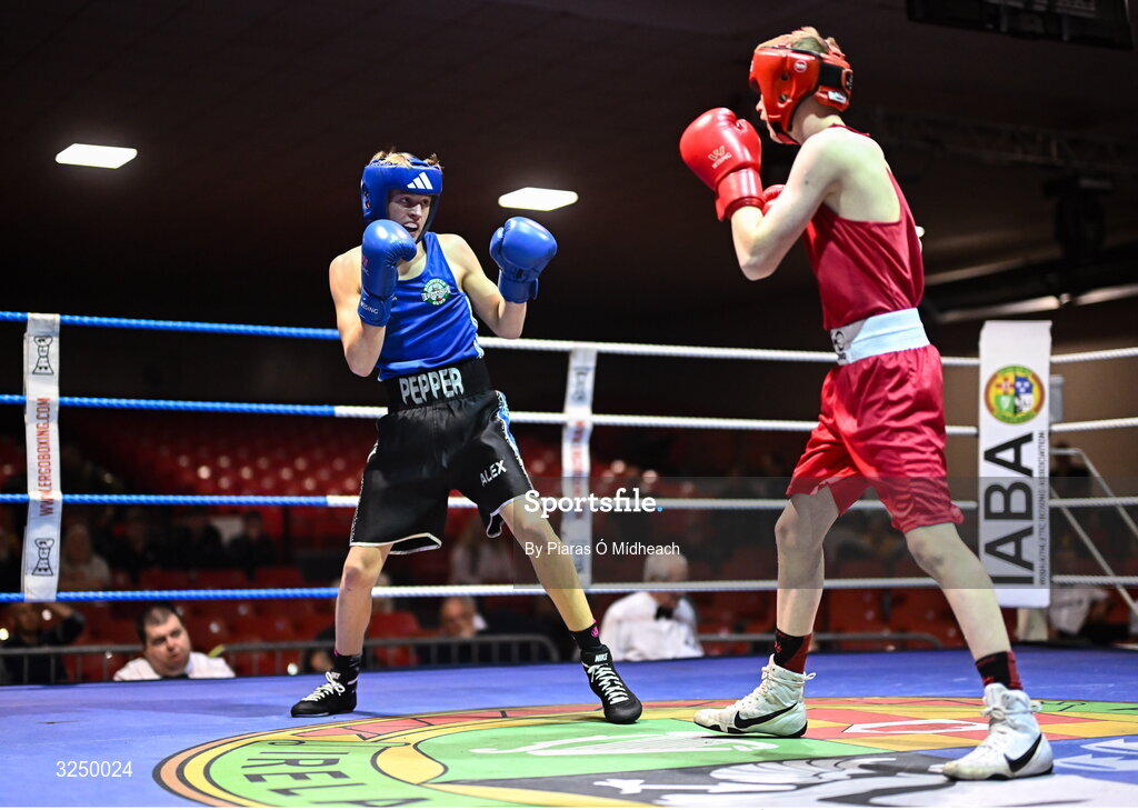 19 September 2025; Alex Pepper of Baldoyle BC Dublin, left, in action against Sean Kelly of St Abbans/Kilmyshall BC Wexford during their 52kg bout at the 2025 IABA National U17 Championship Finals at the National Boxing Stadium in Dublin. Photo by Piaras Ó Mídheach/Sportsfile