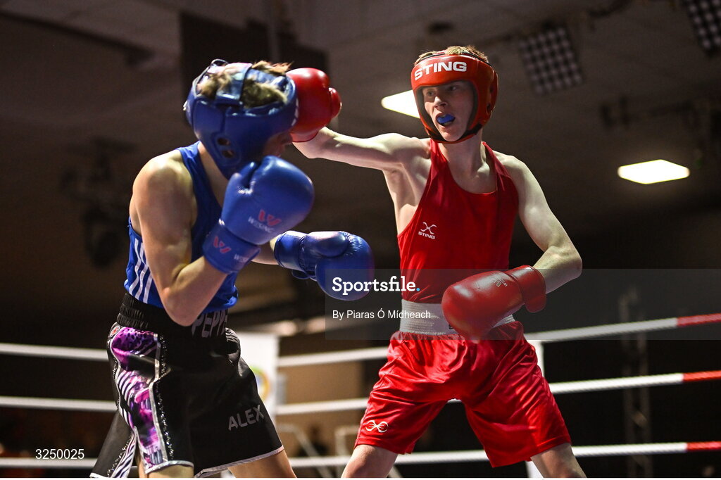 19 September 2025; Sean Kelly of St Abbans/Kilmyshall BC Wexford, right, in action against Alex Pepper of Baldoyle BC Dublin during their 52kg bout at the 2025 IABA National U17 Championship Finals at the National Boxing Stadium in Dublin. Photo by Piaras Ó Mídheach/Sportsfile