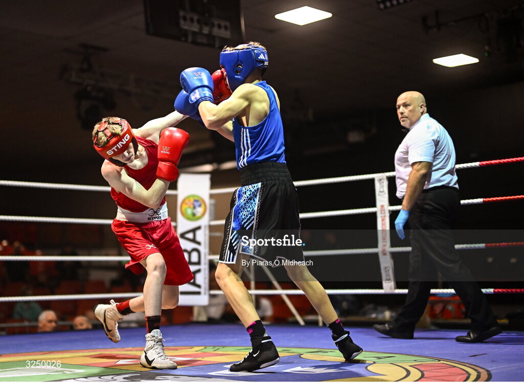 19 September 2025; Sean Kelly of St Abbans/Kilmyshall BC Wexford, left, in action against Alex Pepper of Baldoyle BC Dublin during their 52kg bout at the 2025 IABA National U17 Championship Finals at the National Boxing Stadium in Dublin. Photo by Piaras Ó Mídheach/Sportsfile
