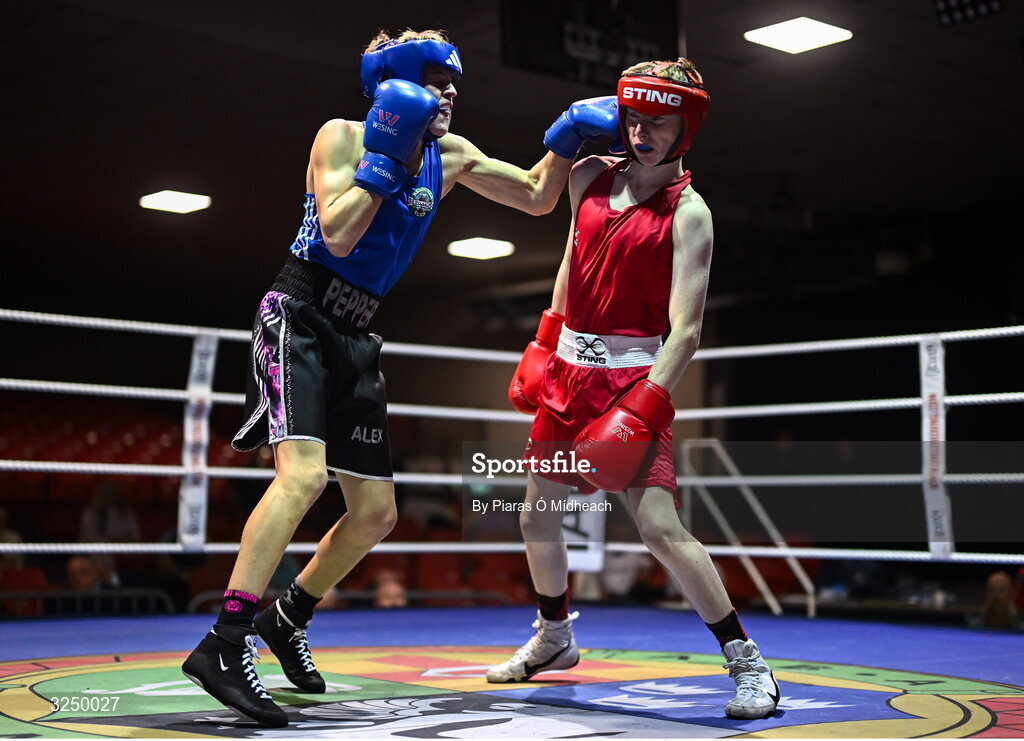 19 September 2025; Alex Pepper of Baldoyle BC Dublin, left, in action against Sean Kelly of St Abbans/Kilmyshall BC Wexford during their 52kg bout at the 2025 IABA National U17 Championship Finals at the National Boxing Stadium in Dublin. Photo by Piaras Ó Mídheach/Sportsfile