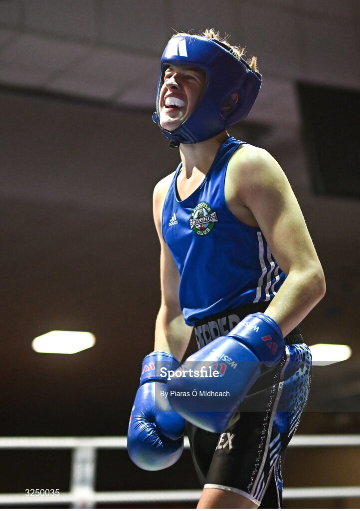 19 September 2025; Alex Pepper of Baldoyle BC Dublin in action against Sean Kelly of St Abbans/Kilmyshall BC Wexford during their 52kg bout at the 2025 IABA National U17 Championship Finals at the National Boxing Stadium in Dublin. Photo by Piaras Ó Mídheach/Sportsfile
