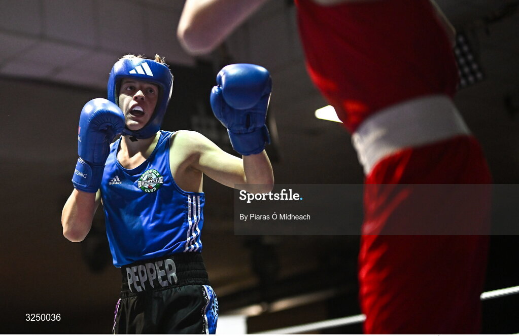 19 September 2025; Alex Pepper of Baldoyle BC Dublin in action against Sean Kelly of St Abbans/Kilmyshall BC Wexford during their 52kg bout at the 2025 IABA National U17 Championship Finals at the National Boxing Stadium in Dublin. Photo by Piaras Ó Mídheach/Sportsfile