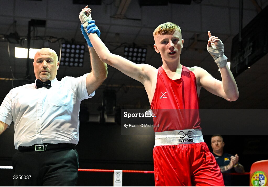 19 September 2025; Sean Kelly of St Abbans/Kilmyshall BC Wexford celebrates after defeating Alex Pepper of Baldoyle BC Dublin during their 52kg bout at the 2025 IABA National U17 Championship Finals at the National Boxing Stadium in Dublin. Photo by Piaras Ó Mídheach/Sportsfile